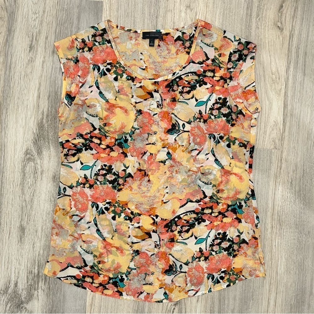 The Limited Sleeveless Top Semi-Sheer Chiffon Orange Floral Blouse Shirt Size S